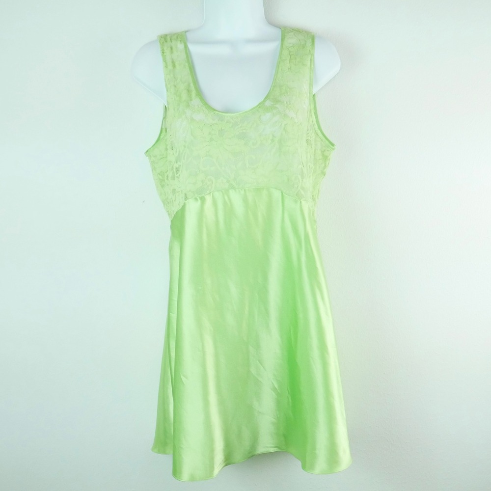 Victorias Secret Lime Green Satin Lace Nightgown Sheer Coquette Babydoll Large